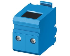 ABB Smissline N strømforsyningsblok med ekstra stikkontakt i blå plast med synlige skruer og et sort felt på toppen.