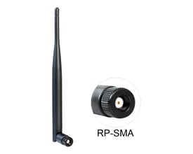 Sort DeLOCK WLAN-antenne til 802.11-standarder med vippeled og RP-SMA-stik; stikket ses også forstørret.