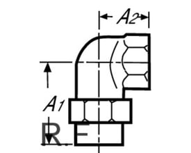 Viega vinkelunion med dimensioner A1 og A2 vist i teknisk tegning med lodde- og gevindtilslutning.