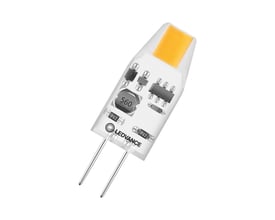Detaljeret billede af Osram LED PIN MICRO G4-pære med G4 stiftsokkel og synlige elektroniske komponenter.