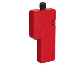 Rød Schneider Electric RFID-lågekontakt med M12-stik, monteringsdetaljer og indgraverede RFID-symboler. Produktet har et kompakt design.