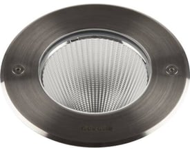 Hide-a-lite Spot UP multi 17 udendørs LED-spot med rund, sølvfarvet ring og reflektor set ovenfra.