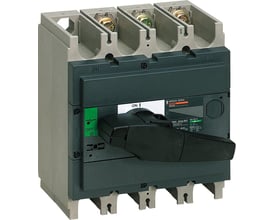 Schneider Electric INS250 3P lastadskiller med 200A mærkestrøm, viser drejehåndtag og terminaler på mørkegrå og lysegrå plast.
