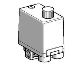 Schneider Electric XMP pressostat, 12 bar, 3-polet med 4xG 1/4 hun tilslutninger, vist med ON/OFF knap.