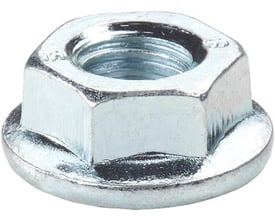 Robust M6 flangemøtrik i varmgalvaniseret stål med integrerede tænder for sikker låsning, vist isoleret.