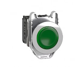 Schneider Electric lampetryk Flush XB4F med grøn trykflade, 230V og 1NO-1NC kontakter, monteret på metalramme.