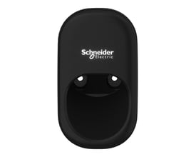 Sort Schneider Electric ladestikholder til elbil, fremstillet i plastik med logo og åbning til ladekabel.