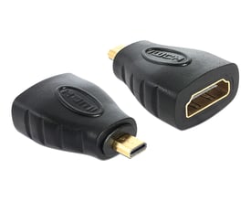 Delock HDMI-adapter i sort med micro HDMI-D-hanstik og HDMI-A-hunstik, vist med begge stikender.