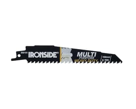 Ironside BIM-bajonetsavklinge med 5 TPI ses løst fra siden med sort klinge, grov fortanding og skrå spids.