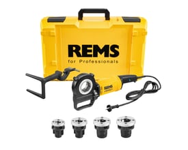 REMS Amigo el-rørklup til 1/2"–1 1/4" med gul stålkasse, aflastningsbøjle og fire skærehoveder.