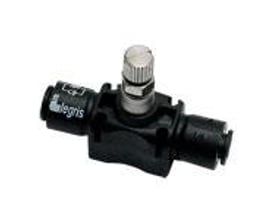 Parker Legris flow regulator 7770 i sort teknisk polymer med 8 mm diameter og justeringsknap i metal.