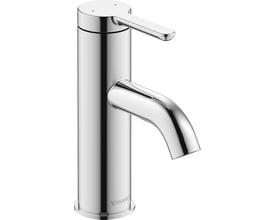 Duravit C.1 håndvaskarmatur i blank krom med ét greb og buet tud, set skråt forfra.