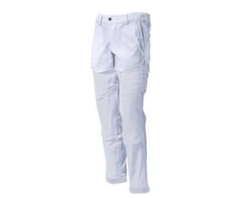 Hvide MASCOT® CUSTOMIZED arbejdsbukser med knælommer, lavet af slidstærkt stretchstof med vand- og smudsafvisende overfladebehandling.