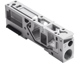 Festo forsyningsplade VMPA1-FB-SP i aluminium med udskæringer og gevindporte til pneumatiske anvendelser.