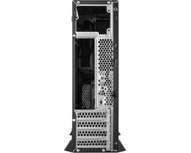 Bagsiden af Chieftec mATX-desktopkabinet med åbent indre, ventilationsgitre og udvidelsespladser.