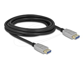 Sort DisplayPort-kabel fra DeLock, 3 meter langt, oprullet med to stik med sølvfarvede metalhuse.