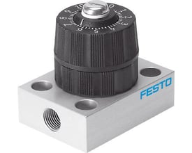 Festo reguleringsventil GRPO-160-1/8-AL med drejeknap og markeringer fra 0 til 10. Ventilen er i metal og plast med tydelig Festo logo.
