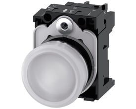 Siemens SIRIUS ACT indikatorlys med rund, hvid glat linse og skinnende metalfront, set skråt forfra.
