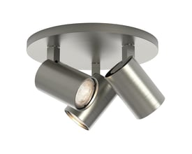 Astro Lighting Ascoli Triple Round spotlampe i mat alu og nikkel med tre cylindriske spots set skråt nedefra.