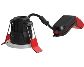 Ansell Lighting Prism Pro Mini DL hvid miniature downlight med 5W, 450lm og 60° spredningsvinkel, vist med monteringsclips og ekstern driver.