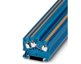 Blå gennemgangsklemme Phoenix Contact PTS 2,5-TWIN BU set skråt med synlige push-in-tilslutninger.