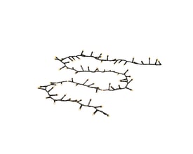 Konstsmide cluster lyskæde med 1000 amber frostede lys, vist ufoldet på hvid baggrund, med en sort ledning og 22 mm afstand mellem lysene.