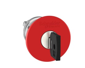 Nærbillede af Schneider Electric nødstop knap, der viser den røde Ø40 mm hoved med Ronis 421E nøgle og brandlogo på hvid baggrund.