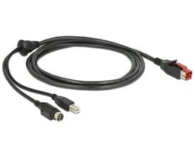 Sort DeLock PoweredUSB-kabel med 24 V-stik, USB Type-B-stik og trebenet Hosiden Mini-DIN-stik, lagt i en løkke.