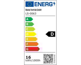 Energimærke D for Steinel LS-0063, der angiver et årligt energiforbrug på 16 kWh/1000h.
