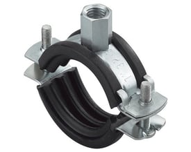 Fischer SaMontec FRS Plus todelt rørbøjle til Ø25-30 mm med sort gummiindlæg, snaplås og M8/M10-gevind.