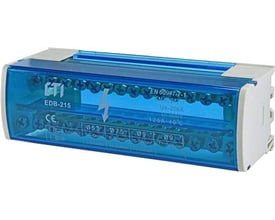 Elektrisk distributionsblok EDB-215 2-polet, 125A med blå transparent dæksel og hvide endestykker, med synlige skrueterminaler og specifikationer.