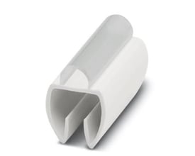 Nærbillede af Phoenix Contact PATO 3/15 skilteholder, der viser dens påklipsningsmekanisme og hvide materiale.