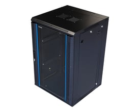 Toten 19” vægmonteret kabinet med 18U i sort, 600x600 mm, med glasdør og synlige ventilationshuller på toppen.