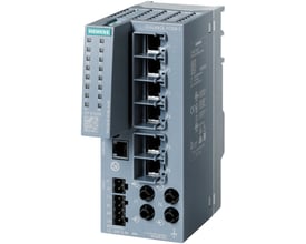 Siemens Scalance XC206-2 industriel Ethernet switch med 6 RJ45 og 2 ST/BFOC porte, samt diagnostik LED'er.