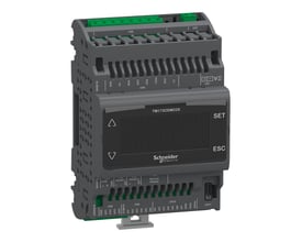 Schneider Electric Modicon M171 logisk kontroller med display, viser 22 I/O, kommunikationsporte og terminaler.