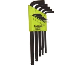 Bondhus ProHold PBLX sekskantnøglesæt med kugle og tomme mål, organiseret i en grøn holder.