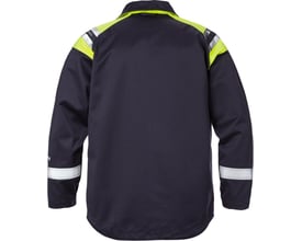 Kansas Flamestat 4174 jakke i mørk marineblå med gule og reflekterende detaljer på skuldre og ærmer, set bagfra.