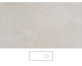 Svedbergs Jura bordplade i beige med mønstret overflade; nederst ses en skitse af bordpladen med rund udskæring.