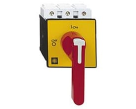 Schneider Electric sikkerhedsafbryder med synlig 'ON' og 'OFF' mærkning på den gule frontplade og et rødt, aflåseligt drejegreb.