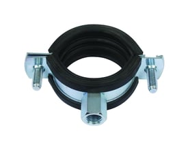 Elforzinket rørbøjle KSB2 med støjreducerende gummiindsats og quicklås, klar til montering.