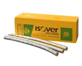 Isover Boaflex Pipe Section rørskåle med alufolie, 50mm isolering og indvendig Ø42mm, vist sammen med gul Isover emballage.