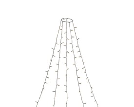 En del af Konstsmide juletræskæden med 150 LED-lys, der danner en kegleform mod en hvid baggrund.