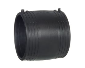 Georg Fischer ELGEF Plus EL-svejsemuffe i sort PE100 materiale med 75 mm diameter og SDR11. Den viser svejseindikator og centerstop.