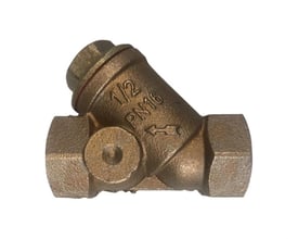 Bronzefarvet snavssamler i 1 1/4" med 1/2 PN16 markering og pil der viser strømningsretning.