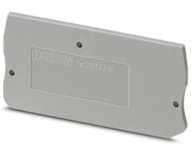 Grå Phoenix Contact endeplade D-PIT 2,5-MT set fra bagsiden, viser monteringshuller og mærkat med produktinformation.