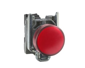 Schneider Electric robust signallampe med rød LED og metalhus, 110-230VAC, vist fra siden med fokus på monteringsmekanismen.