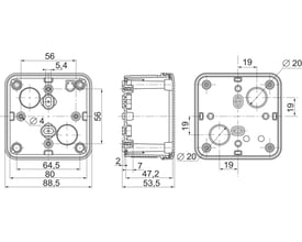 Teknisk tegning af Schneider Electric Thalassa TBS ABS kasse 80x80x45mm med gråt låg, viser dimensioner og monteringsdetaljer for IP66-klassificeret kabinet.