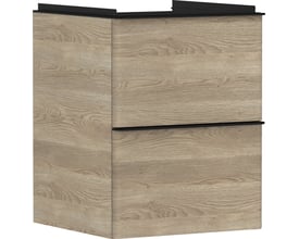 Hansgrohe Xelu Q vaskeskab i naturlig eg med to skuffer, vist fra siden med synlig ophængsmekanisme.