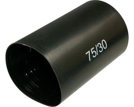 Et nærbillede af en sort Melbye krympe endehætte mærket '75/30', der viser den indvendige struktur og lim.