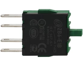 Schneider Electric ZB6E1B slutte kontaktelement med 1NO kontakt og grøn aktiveringsknap, tydeligt mærket.